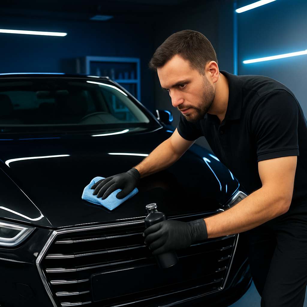 Professional detailer at work on a luxury vehicle